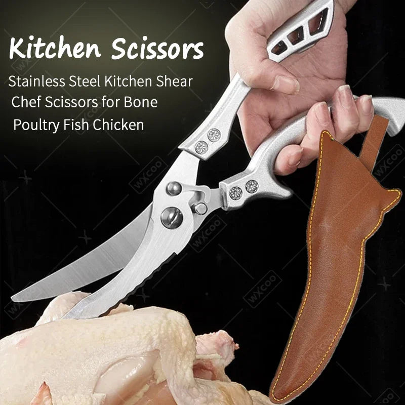 Stainless Steel Kitchen Scissors Chicken Bone Barbecue Scissors Ultra Sharp Utility Scissors for Meat Fish Vegetables Cutter